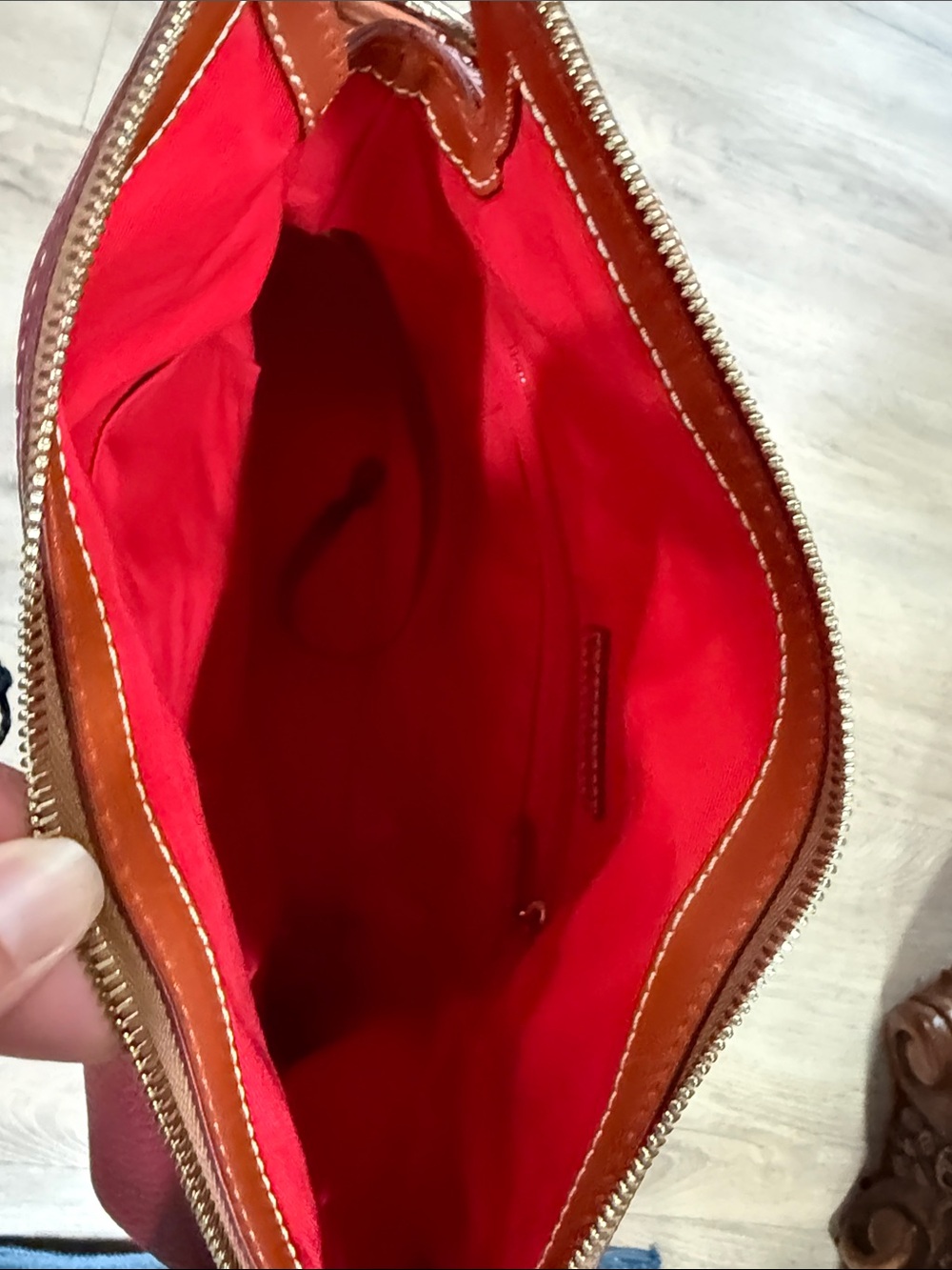 Dooney & Bourke cranberry Leather Shoulder Bag with Tan Trim - Picture 8 of 11